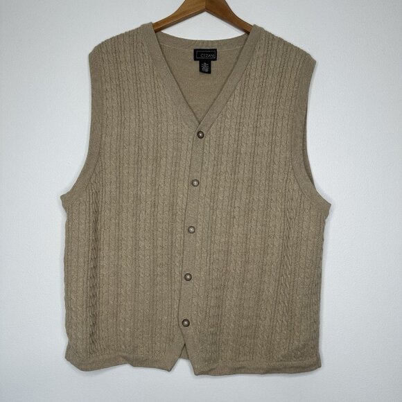 Vintage Cezani Cable Knit Vest XL Wool Blend Button up Tan Preppy - Picture 1 of 10